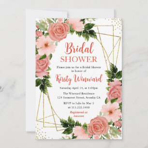 Coral Pink & Red Roses & Gold Frame Bridal Shower Invitation