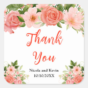 Coral Pink Red Roses Wedding Thank You Square Sticker