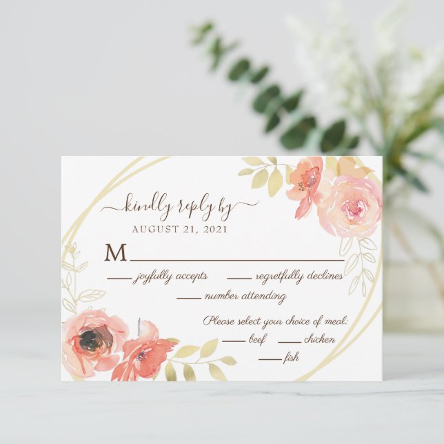Coral Pink Rose and Gold Leaves Floral Wedding  RSVP Card (Standing Front)