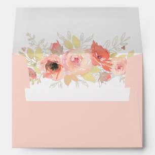 Coral Pink Rose and Gold Leaves Wedding Envelope