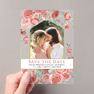 Coral Pink Rose Floral Photo Wedding Save the Date Acrylic Invitations