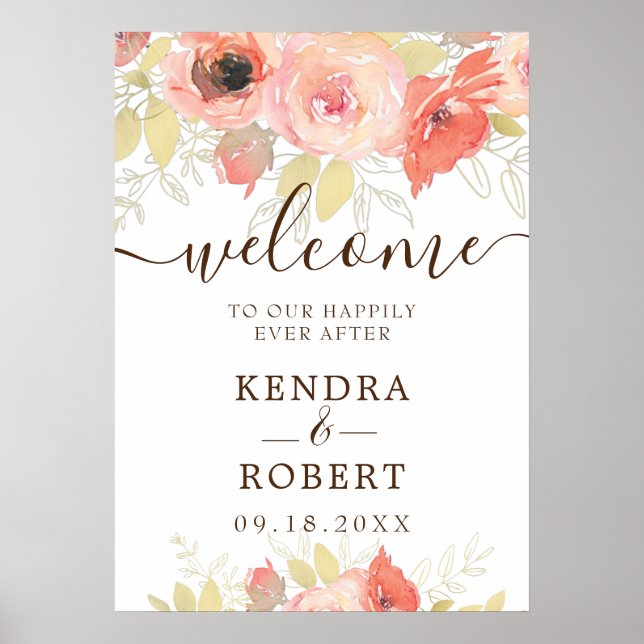 Coral Pink Rose Gold Leaves Floral Wedding Welcome Poster (Front)
