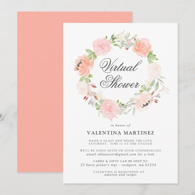 Coral Pink Rose Wreath Virtual Bridal Baby Shower Invitation (Front/Back)