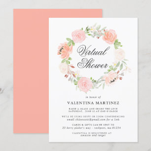Coral Pink Rose Wreath Virtual Bridal Baby Shower Invitation