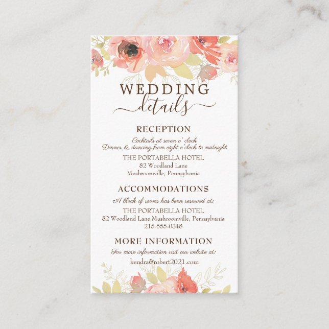 Coral Pink Roses and Gold Leaves Wedding Details Enclosure Card (Front)