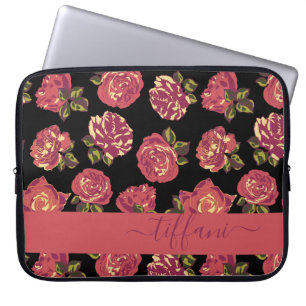 Coral Pink Roses Black Floral Editable Name Laptop Sleeve