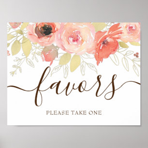 Coral Pink Roses & Gold Foliage Wedding Favor Sign