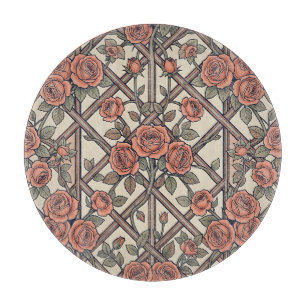 Coral Pink Roses Lattice Trellis Vintage Floral Cutting Board