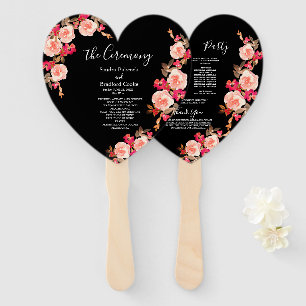 Coral Pink Roses on Black Wedding Ceremony Hand Fan