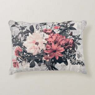 Coral Pink Roses Vintage Newspaper Botanical Art Accent Pillow