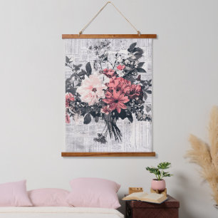 Coral Pink Roses Vintage Newspaper Botanical Art Hanging Tapestry