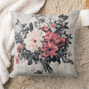 Coral Pink Roses Vintage Newspaper Botanical Art Throw Pillow