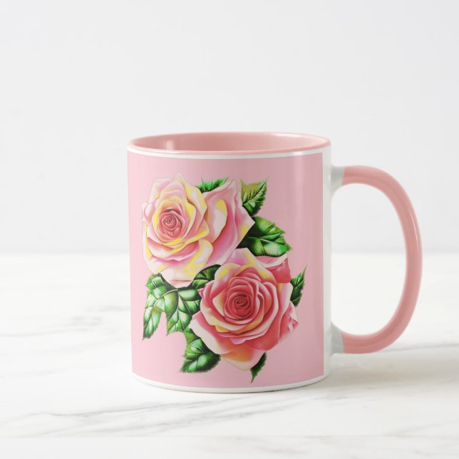 Coral Pink Roses with Jade Green Leaves Mug (Right)