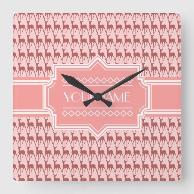 Coral Pink Salmon Dee Pattern Personalized Square Wall Clock (Front)