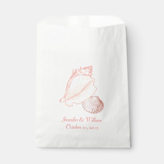 Coral Pink Seashells Wedding Favour Bag (Front)