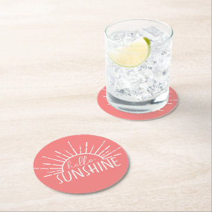 Coral Pink Simple Modern Hello Sunshine Round Paper Coaster