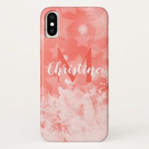Coral pink Stars pattern Modern Chic Monogram Name Case-Mate iPhone Case