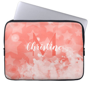 Coral pink Stars pattern Modern Chic Monogram Name Laptop Sleeve