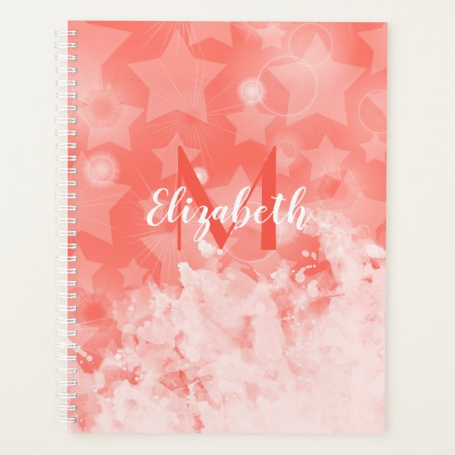 Coral pink Stars pattern Modern Chic Monogram Name Planner (Front)