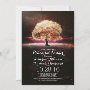 coral pink string lights tree rehearsal dinner invitation
