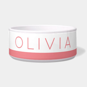 Coral Pink Stripe Personalized Name Pet Food Water