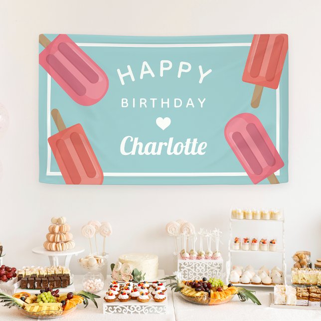 Coral & Pink Summer Popsicle Kids Birthday Banner (Creator Uploaded)