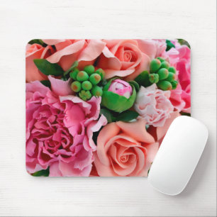 Coral & Pink Tea Rose Flowers Mouse Pad