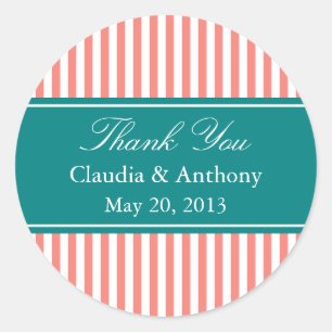 Coral Pink, Teal and White Stripes Thank You Classic Round Sticker