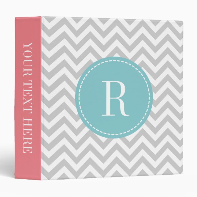 Coral pink teal grey chevron pattern 3 ring binder (Front/Spine)