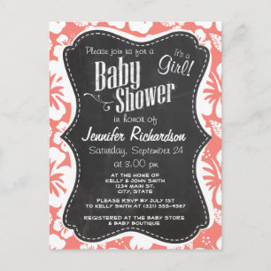Coral Pink Tropical Hibiscus; Chalkboard look Invitation Postcard