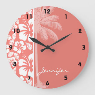 Coral Pink Tropical Hibiscus; Summer Palm Large Clock