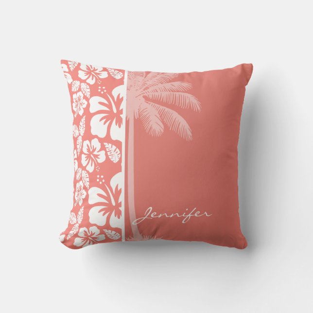 Coral Pink Tropical Hibiscus; Summer Palm Throw Pillow (Front)
