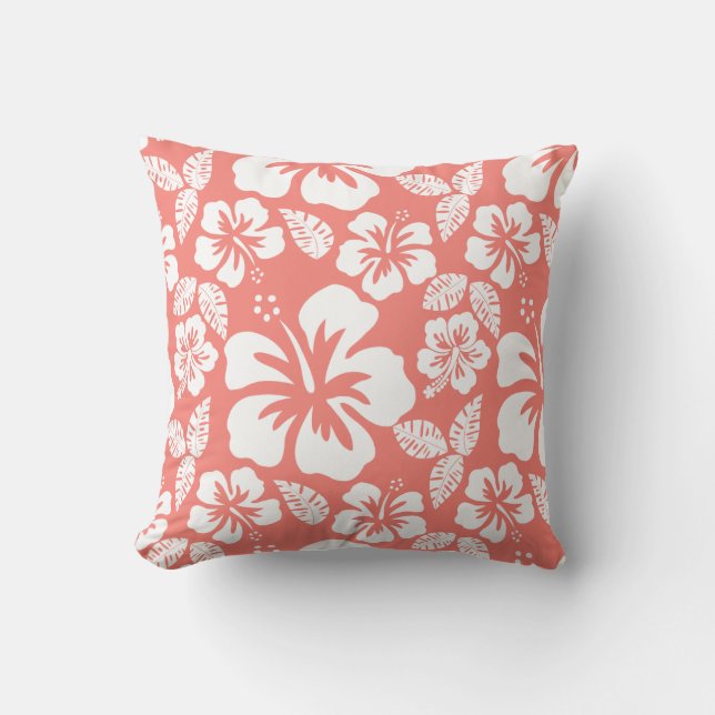 Coral Pink Tropical Hibiscus Throw Pillow (Front)