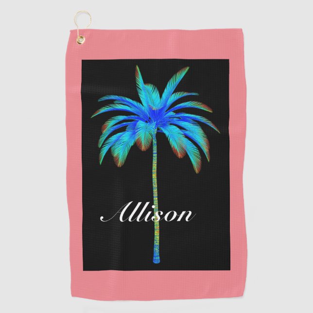 Coral Pink Tropical Palm Tree Personalized Golf Towel (Front)