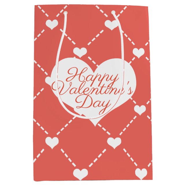 Coral Pink Valentine's White Hearts Medium Gift Bag (Front)