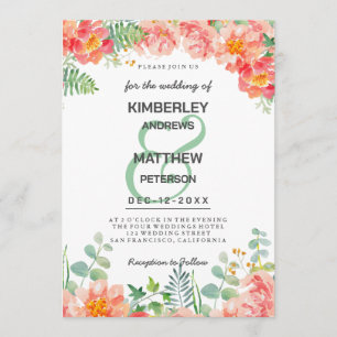 Coral pink watercolor botanical floral Wedding Invitation