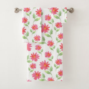Coral Pink Watercolor Daisy Pattern  Bath Towel Set