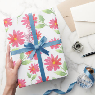 Coral Pink Watercolor Daisy Pattern Wrapping Paper