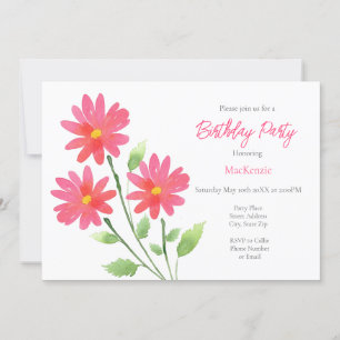  Coral Pink Watercolor Daisy Stems Invitation