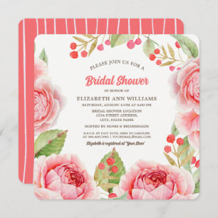 Coral Pink Watercolor Floral Bridal Shower  Invitation