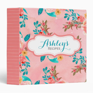 Coral Pink Watercolor Floral Pattern Binder