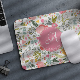 Coral Pink Watercolor Floral Pattern Monogram Name Mouse Pad