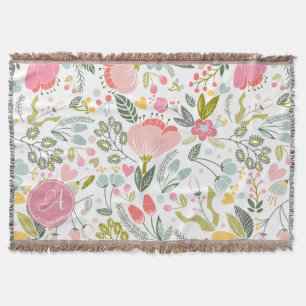 Coral Pink Watercolor Floral Pattern Monogram Name Throw Blanket