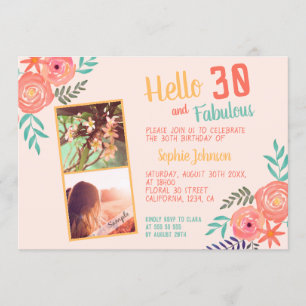 Coral Pink Watercolor Flower Bouquet 30th Birthday Invitation