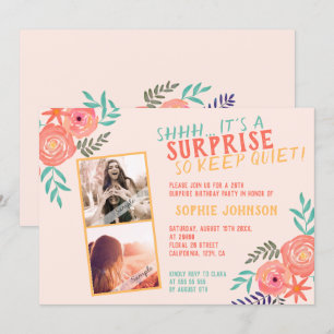Coral Pink Watercolor Flower Surprise Party Invitation