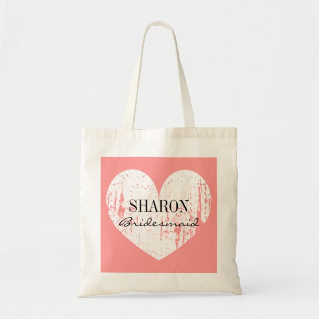 Coral pink weathered heart bridesmaid tote bag (Front)