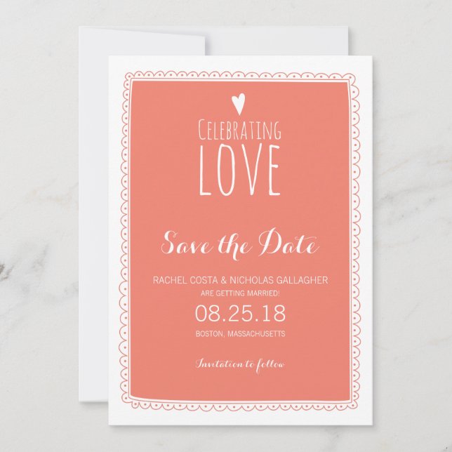 Coral Pink Whimsical Doodle Frame Save the Date Invitation (Front)