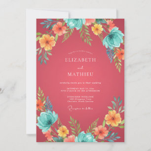 Coral Pink Whimsical Tropical Wedding Invitation