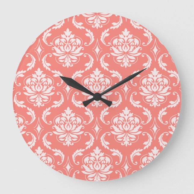 Coral Pink White Classic Damask Pattern Large Clock (Front)