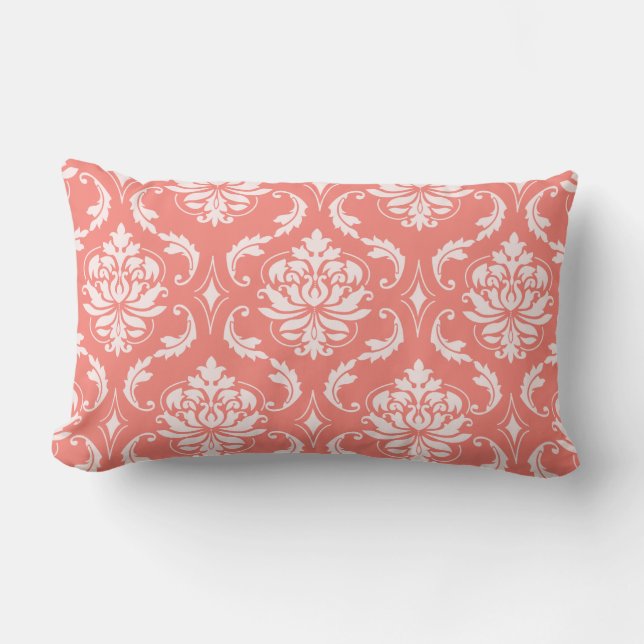 Coral Pink White Classic Damask Pattern Lumbar Pillow (Front)